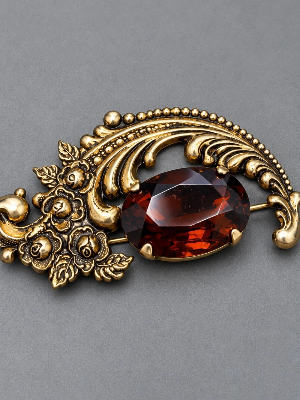 Vintage Scrollwork and Amber Glass brooch #cz565